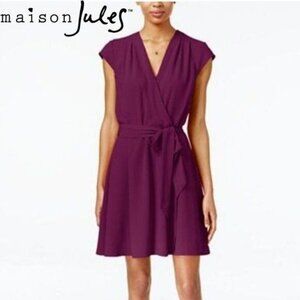 Maison Jules Cap Sleeve‎ Pleated V-neck Faux Wrap Tie Waist Dress